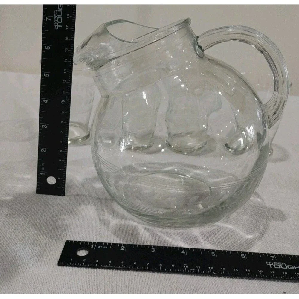 Vintage Tilted Clear Water Pitcher Etched Leaves Ring & Ice Lip & 4 Glasses